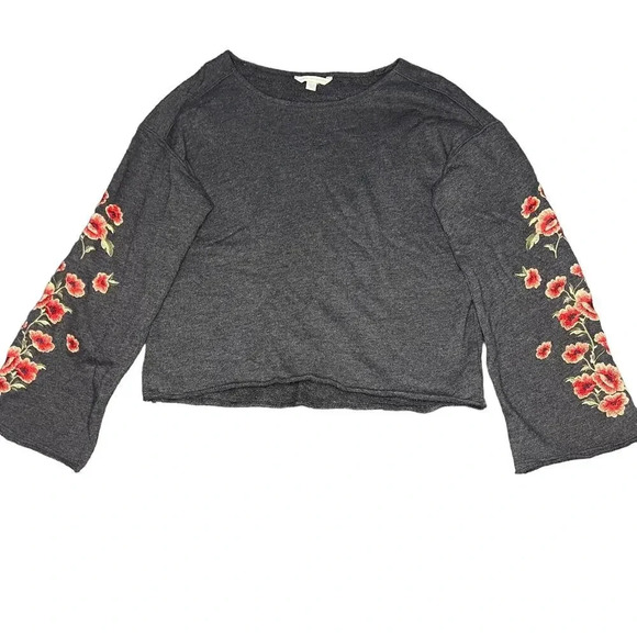 American Eagle Womens Small Gray Floral Embroidered Bell Sleeve Pullover Sweater - Picture 2 of 4